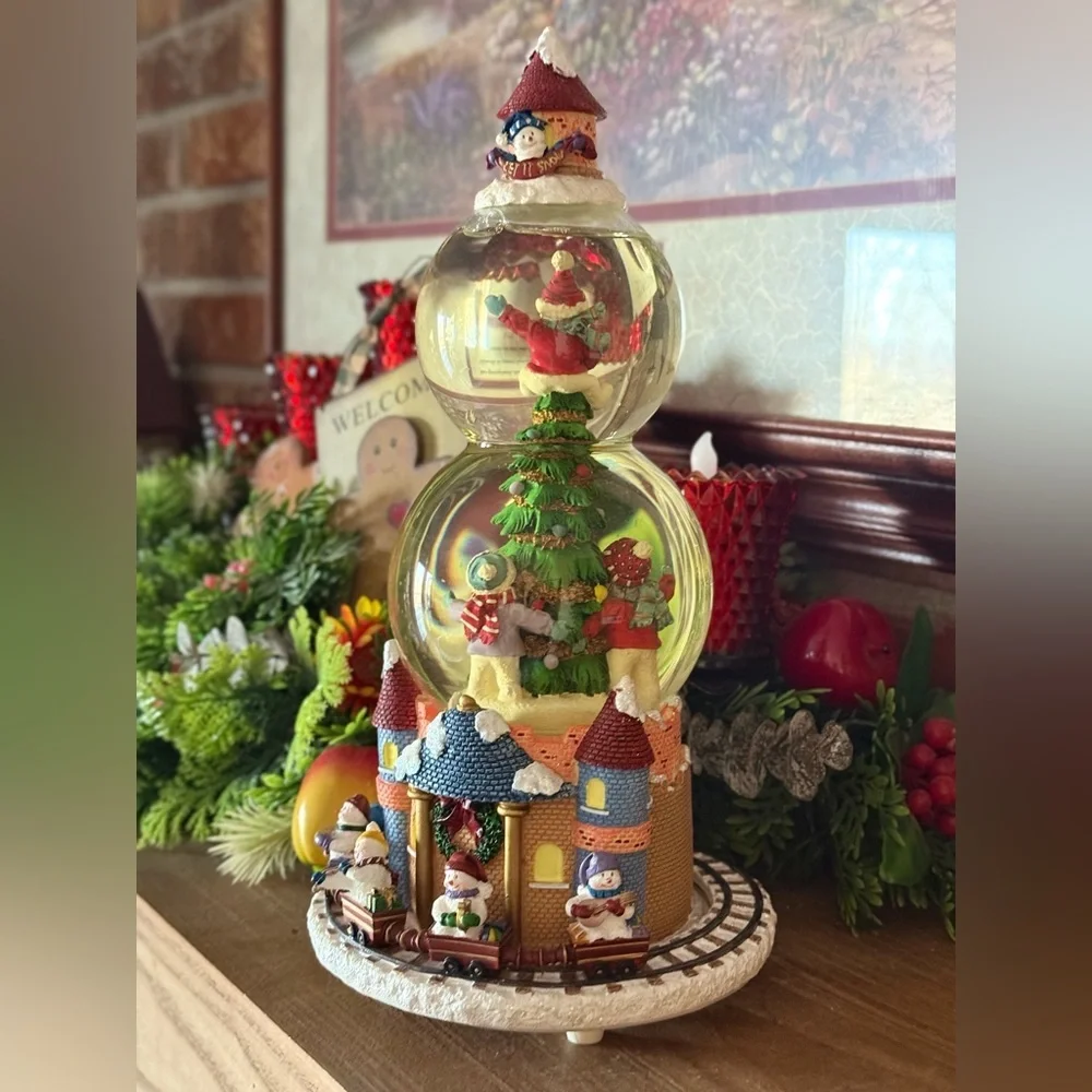 San Francisco Festive Double Snowman with Train Snow Globe Holiday Castle Decor